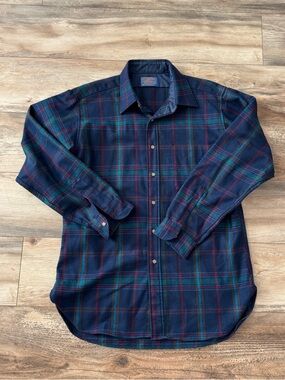 Vintage Pendleton 100% Wool Navy Plaid Flannel Board Lodge Shirt Large